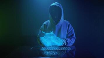 a cybercriminal hacker in a black mask hacks a tank video