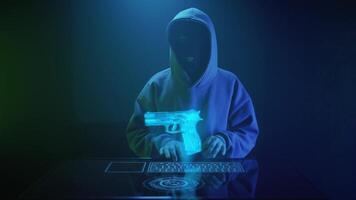 a cybercriminal hacker in a black mask hacks a pistol video