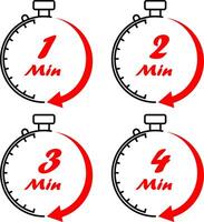 Four stopwatches with the words 1 minute, 2 minutes, 3 minutes and 4 minutes vector