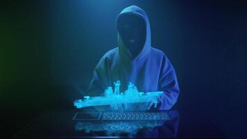 a cybercriminal hacker in a black mask hacks a warship video