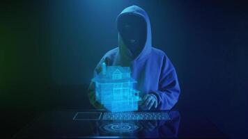 a cybercriminal hacker in a black mask hacks a house video