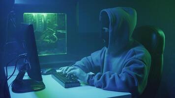 cibercriminoso hacker digitando e olhando às a relógio em dele mão video