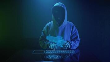 a cybercriminal hacker in a black mask hacks a nuclear missile video