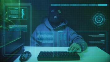 Cybercriminal hacker in black mask watching video
