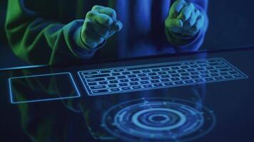 close-up hacker hands typing on touch keyboard video