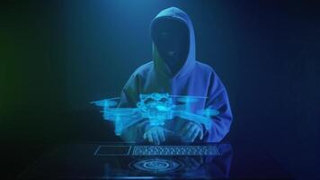 a cybercriminal hacker in a black mask hacks a drone video