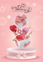 Happy Valentine's Day with red and pink heart shaped balloons and word LOVE flying out of opened gifts on display stand vector