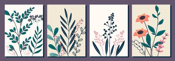 Floral Greeting Cards in Minimalist Modern Style. Elegant hand drawn botanical illustrations, perfect for creative projects, prints, posters, and invitations. vector