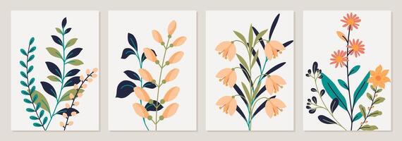 Modern Botanical Greeting Cards with Hand Drawn Florals. Soft and elegant designs with pastel blooms and lush greenery, perfect for creative projects, prints, posters, and invitations. vector