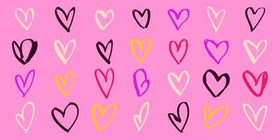 Hand Drawn Hearts in Vibrant Colors on a Pink Background. Playful and colorful heart design for love-themed projects vector