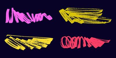Set of Bold Grunge Marker Strokes in Pink, Yellow, and Red on a Dark Background. Dynamic abstract brush textures in vivid colors vector