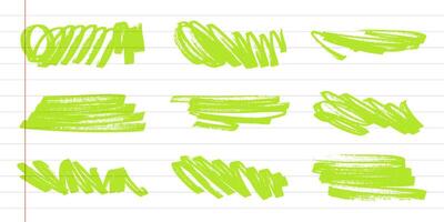 Collection of Grunge Marker Lines in Neon Green on a Lined Background. Creative abstract strokes in vibrant green with a notepad style. vector