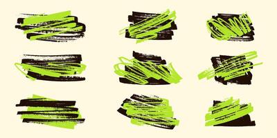 Collection of Grunge Marker Strokes in Neon Green and Black on a Beige Background. Bold and abstract hand-drawn textures for creative designs vector