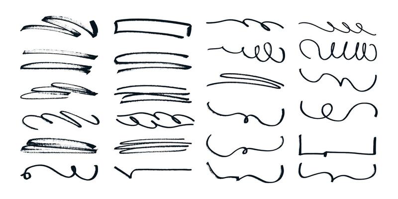 Set of Hand-Drawn Marker Lines and Swirls in Black on a White Background. Collection of Decorative Brush Strokes and Scribbles for Creative Design