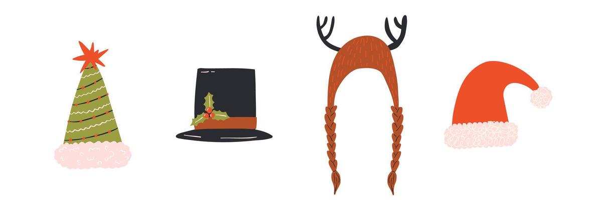 Set of winter funny hat drawn in flat style. Hand drawn illustration.