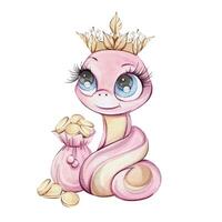 An adorable and charming pink snail character wearing a delightful crown, surrounded by piles of shiny gold coins vector