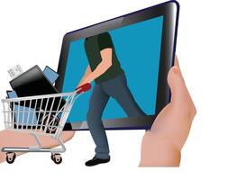 Man pushing shopping cart full of electronics coming out from tablet screen vector