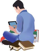 Student reading e book and studying with books and tablet vector