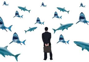 A man in a suit standing in front of a group of sharks vector