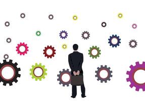 A man in a suit standing in front of a group of gears vector
