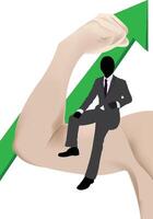 Strong arm lifting businessman sitting on growing arrow representing business success vector