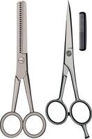 Professional hairdressing scissors and comb set for cutting and styling vector