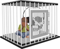 Child trapped in a cage with a safe door and a skull, concept of fear and imprisonment vector