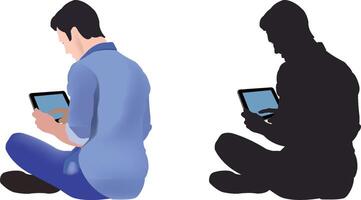Young man sitting with crossed legs and using tablet, color and silhouette illustrations vector