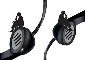 Two people sitting on headphones with the word silence on them vector