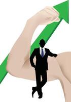 Strong arm lifting up green arrow and businessman, vector
