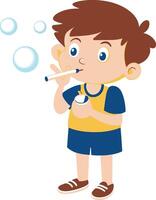Child blowing soap bubbles with wand and bottle in hand vector