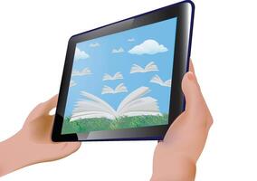 Hands holding tablet showing open book and flying books in a blue sky vector