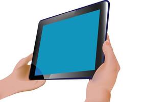 Hands holding digital tablet with blue screen on white background vector