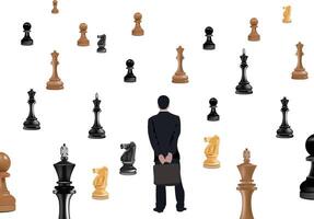 A man in a suit standing in front of a group of chess pieces vector