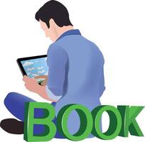 Man reading e book on tablet with book text effect vector