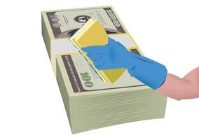 A hand holding a stack of money with a glove on it vector