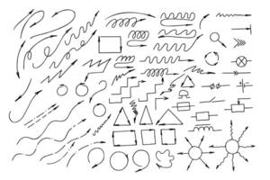 Hand drawn arrows symbol doodle on different shapes and variation graphic sketch illustration. Simple line art of curve, for business projects and education vector