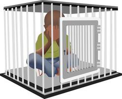 Sad child sitting alone in cage covering face with hands vector