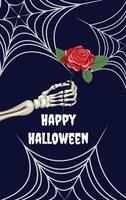 Halloween card, skeleton hand with red rose, spider webs, and greeting on dark purple backdrop vector