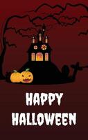 Creepy Halloween card with haunted house, graveyard, pumpkin, and spooky trees on a red, bloody backdrop. vector