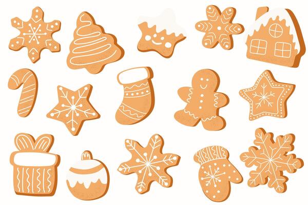 Christmas Gingerbread Cookies. Winter sweet homemade biscuits in different shapes isolated on white background.