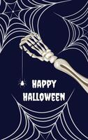 Spooky card, skeleton hand with spider on web, surrounded by webs, on dark purple background vector