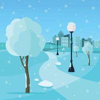 Winter park path with snow, trees and street lamps. vector