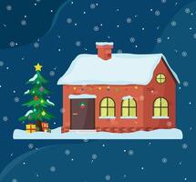 Christmas house with lights in the windows, snow, a Christmas tree and presents. vector