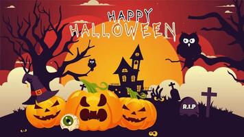 Animation of a Happy Halloween Night Illustration Featuring Pumpkins in the Moonlight, Ghosts, and Other Spooky Elements with a Flat Background video