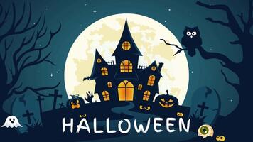 Animation of a Happy Halloween Night Illustration Featuring Pumpkins in the Moonlight, Ghosts, and Other Spooky Elements with a Flat Background video