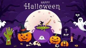 Animation of a Happy Halloween Night Illustration Featuring Pumpkins in the Moonlight, Ghosts, and Other Spooky Elements with a Flat Background video