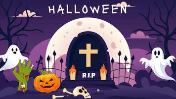 Animation of a Happy Halloween Night Illustration Featuring Pumpkins in the Moonlight, Ghosts, and Other Spooky Elements with a Flat Background video