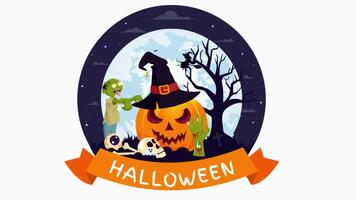 Animation of a Happy Halloween Night Illustration Featuring Pumpkins in the Moonlight, Ghosts, and Other Spooky Elements with a Flat Background video