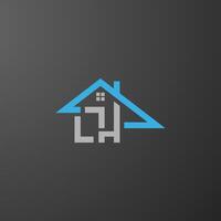 A sleek and modern real estate logo featuring a stylized house symbol in blue and gray tones on a dark gradient background, representing architecture and construction businesses. Initial LH letter vector